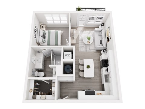 Floor plan layout of 624 sf one-bedroom apartment with a balcony.